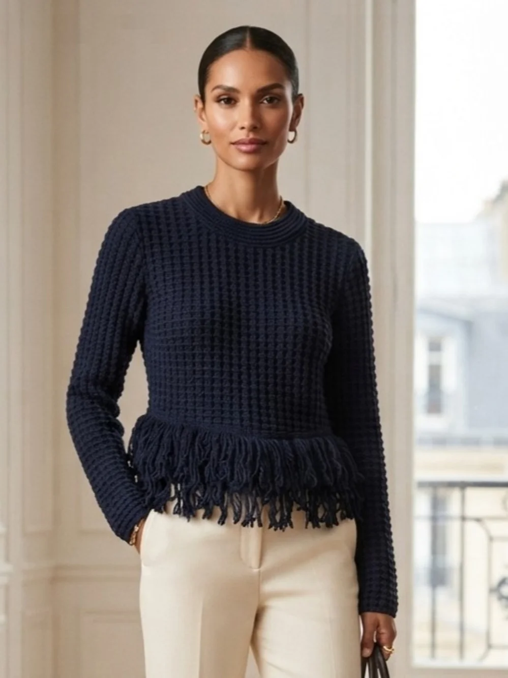 Zara Boho Chic Navy Blue Fringe Crop Textured Sweater Size M